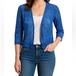 Chico’s Floral Crochet Cropped Open Front Blue Lace Cardigan Women Size M (1)